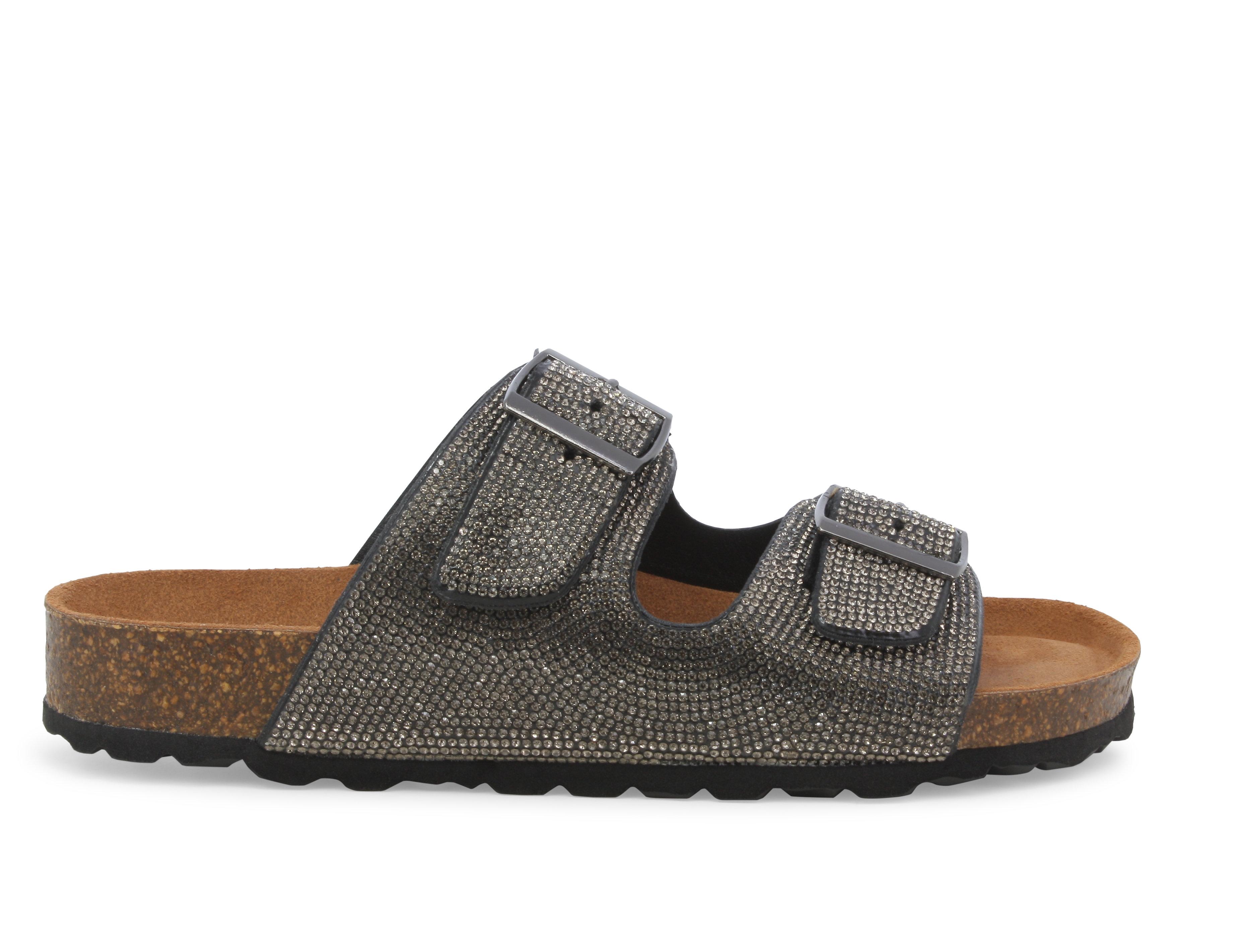 Sandalo slide a doppia fascia con strass 018146q glamour gunmetal su base in sughero