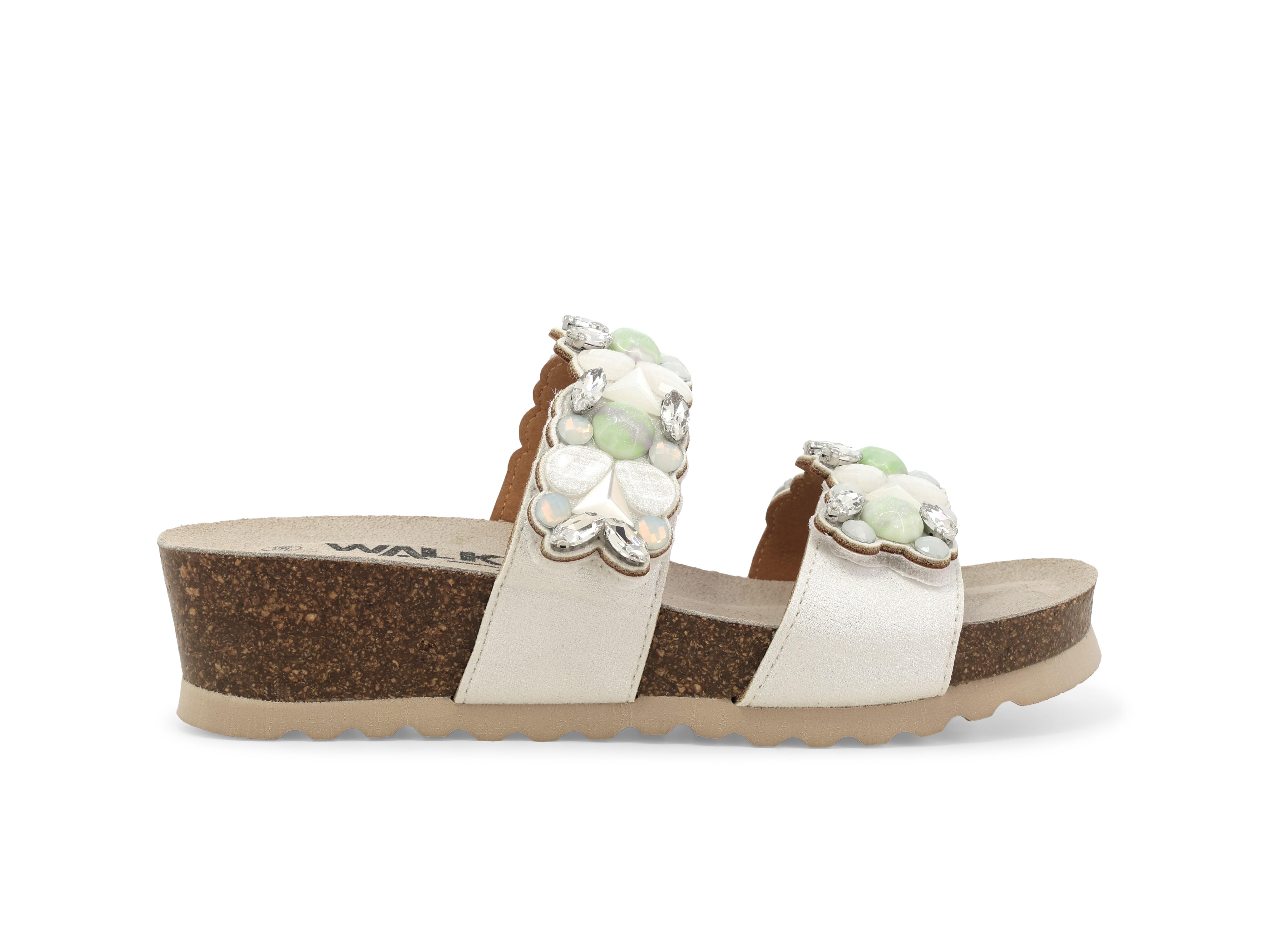 Sandalo slide con pietre gioiello 018147q zeppa in sughero e decorazioni bianco 38