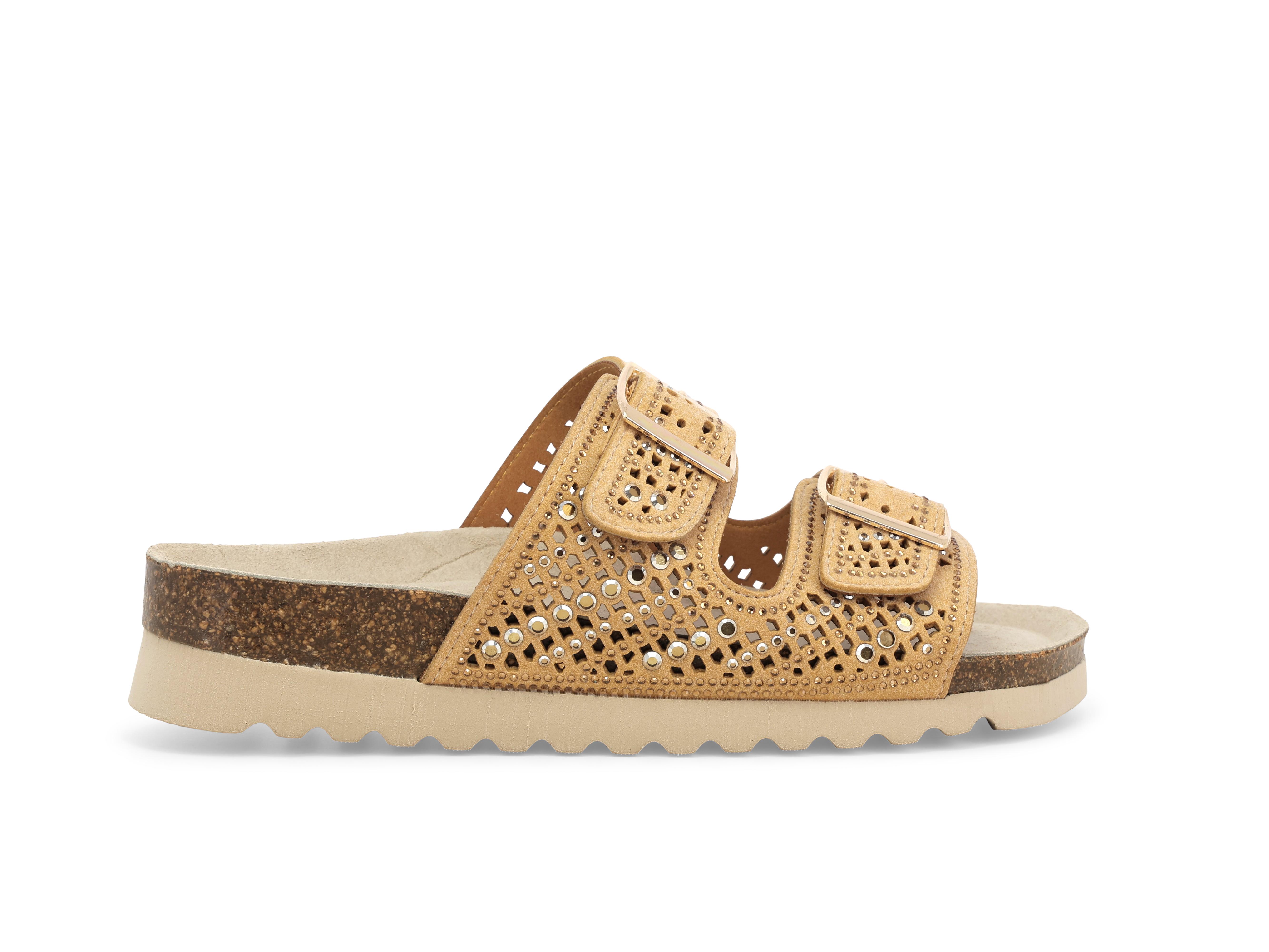 Sandalo slide con zeppa in sughero a doppia fibbia decorata 018161q