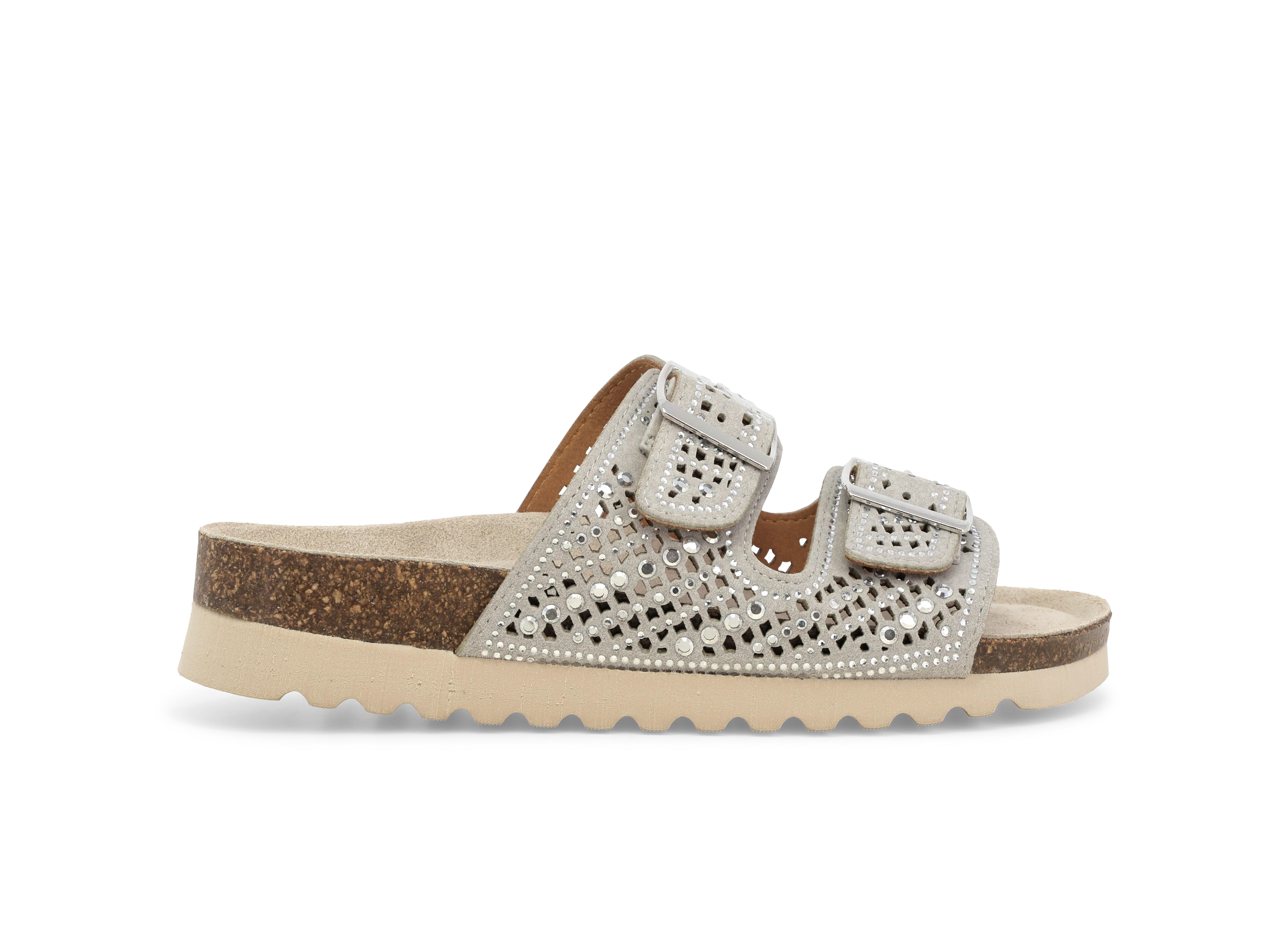 Sandalo slide con zeppa in sughero grigio chiaro a doppia fibbia decorata 018161q