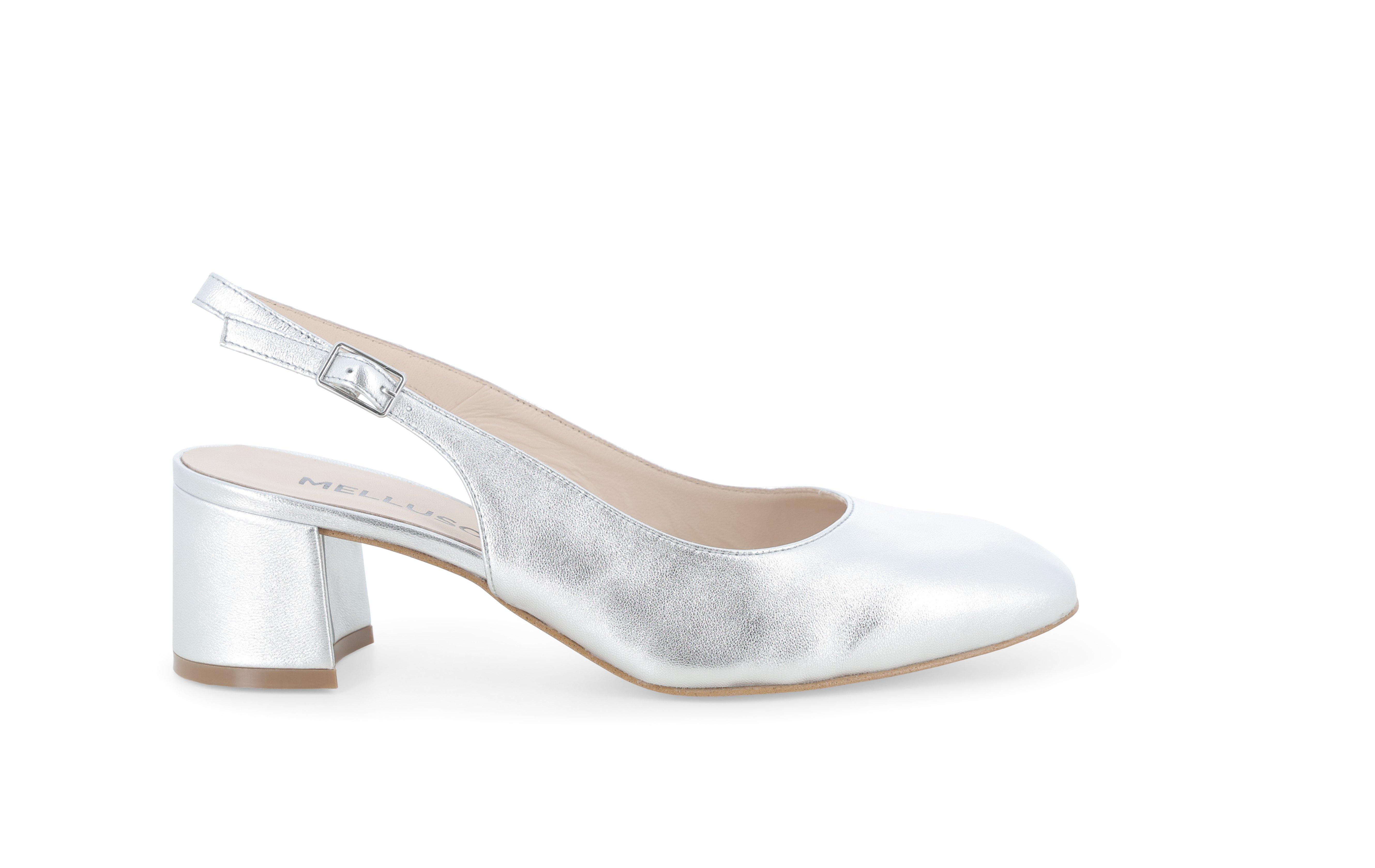 Décolleté donna slingback chiuso in pelle argento con tacco largo d180q 37