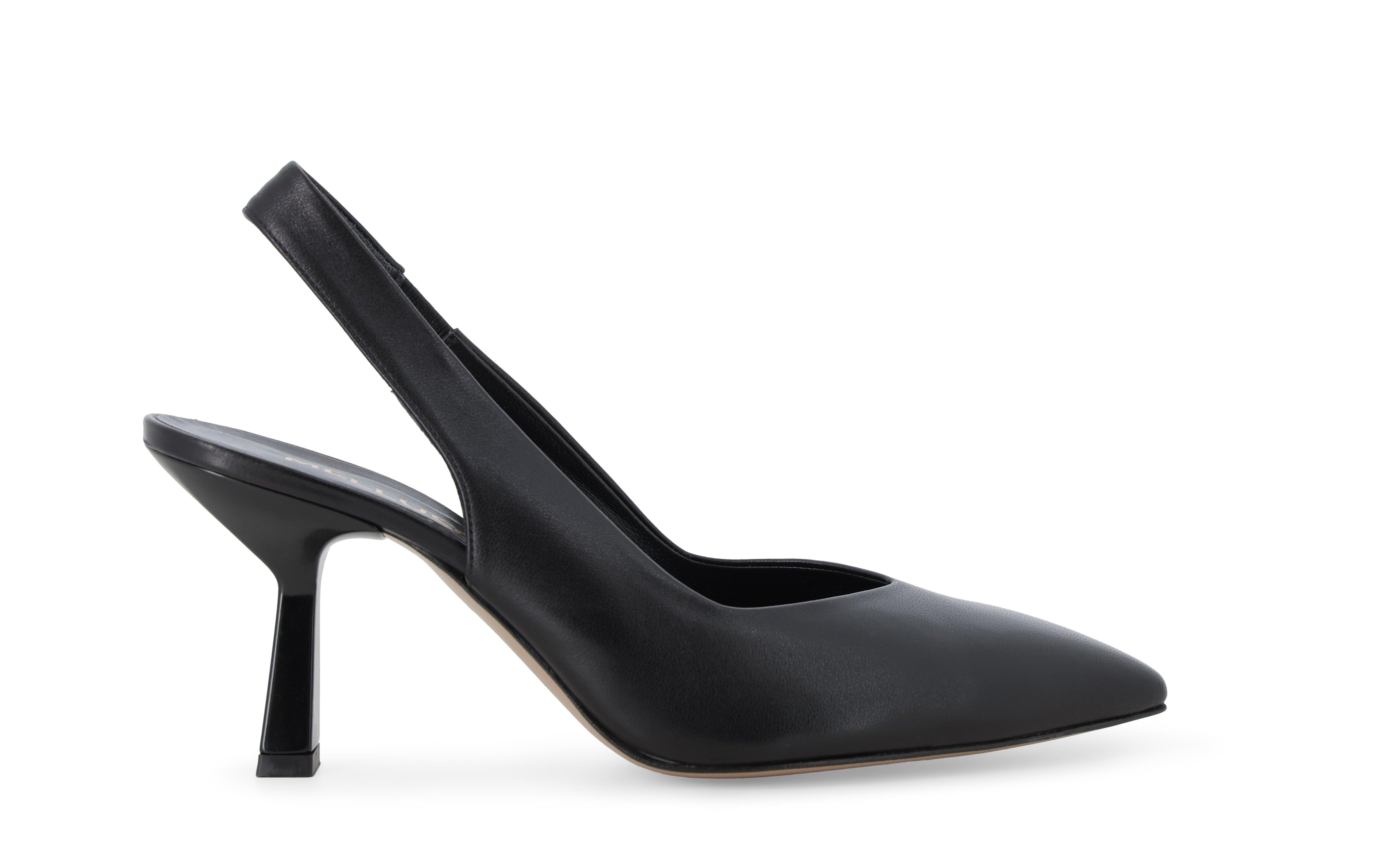 Slingback a punta in pelle nera con tacco a rocchetto d193q