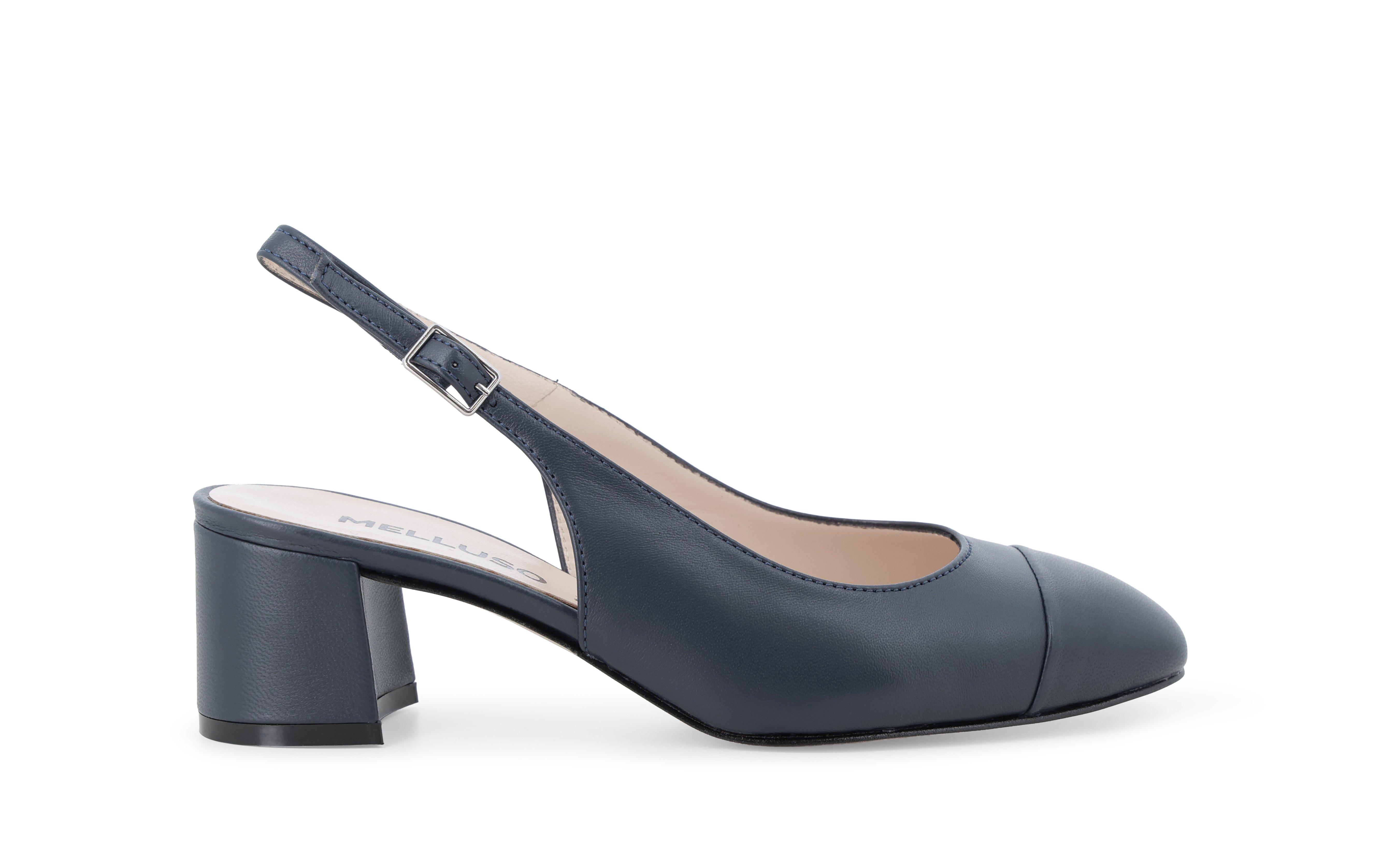 Slingback in pelle con tacco a blocco blu navy e1301Q 37
