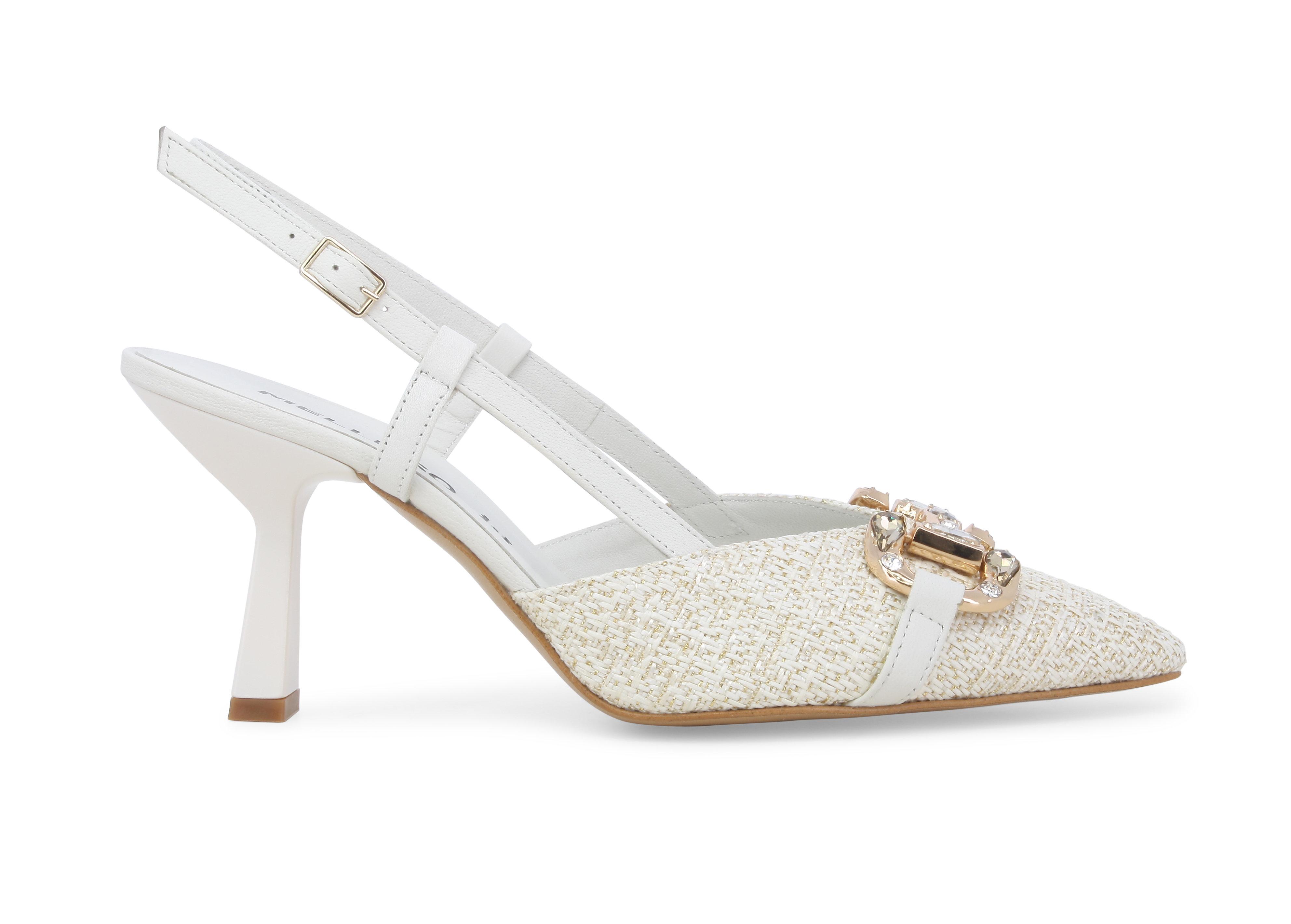 Slingback gioiello in tessuto intrecciato panna e oro e1851q 40