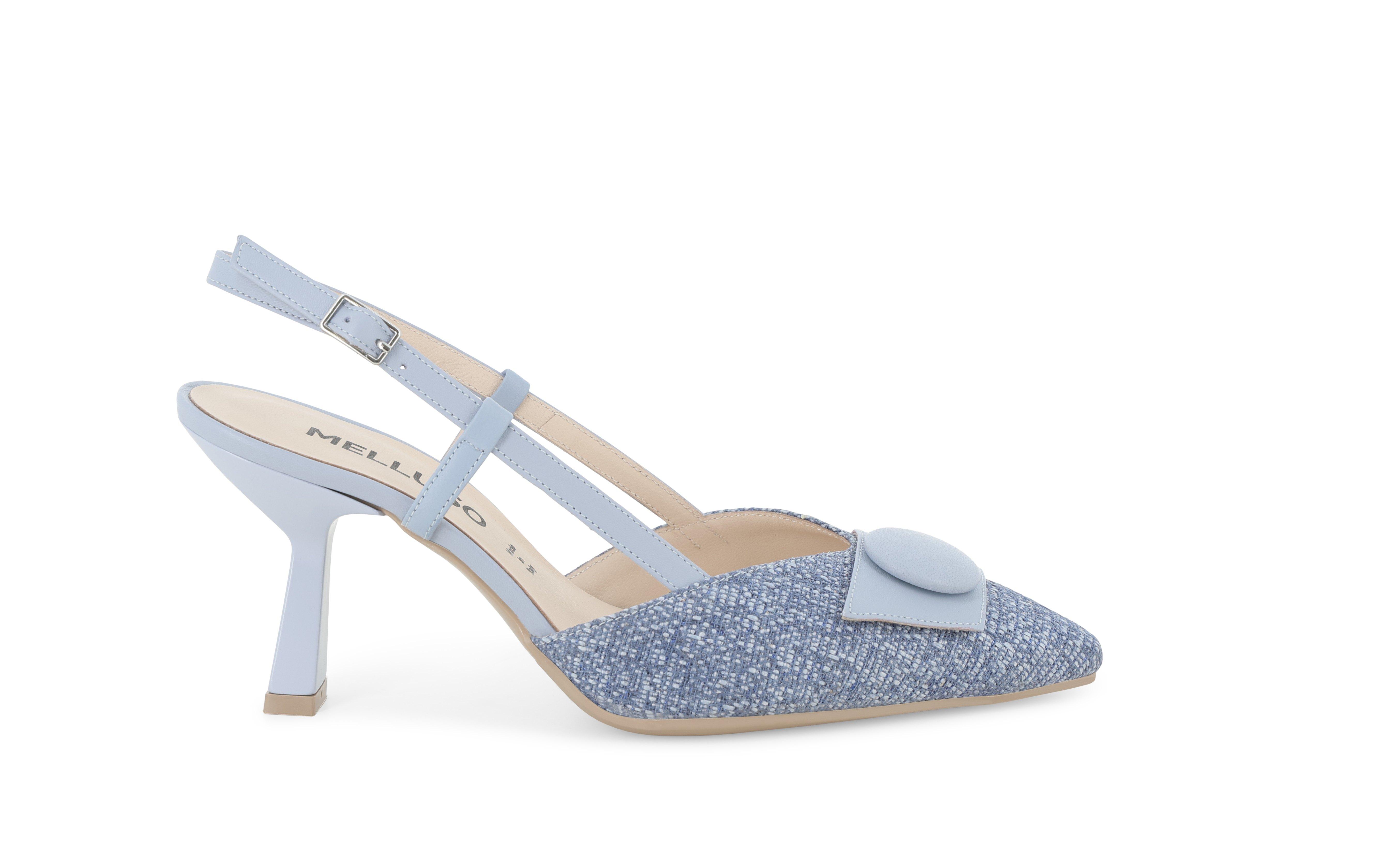 Slingback in tessuto rafia e pelle azzurro xeno con tacco a rocchetto e1854 36