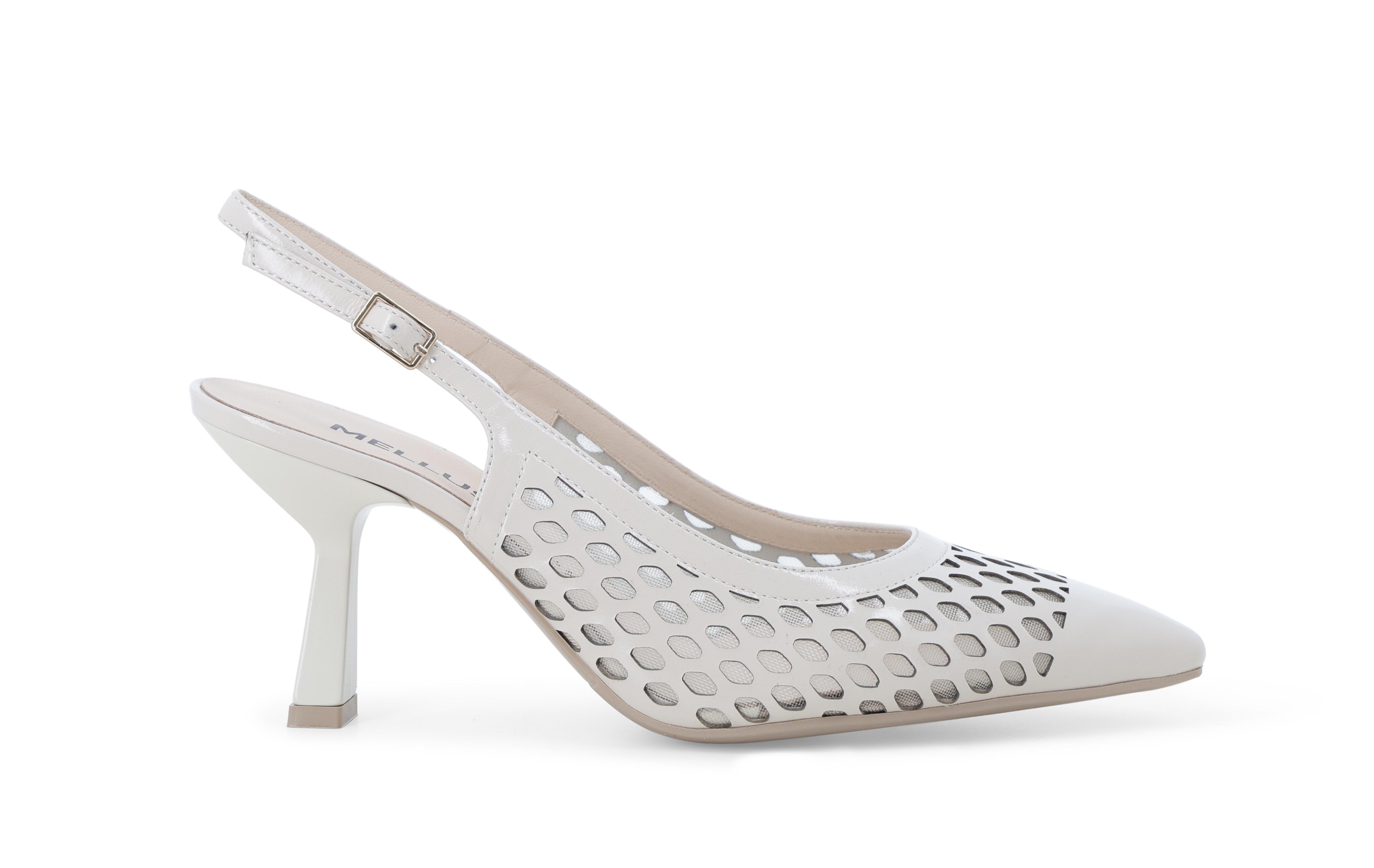 Slingback traforata in pelle e nylon con tacco a rocchetto bianco e1857 37