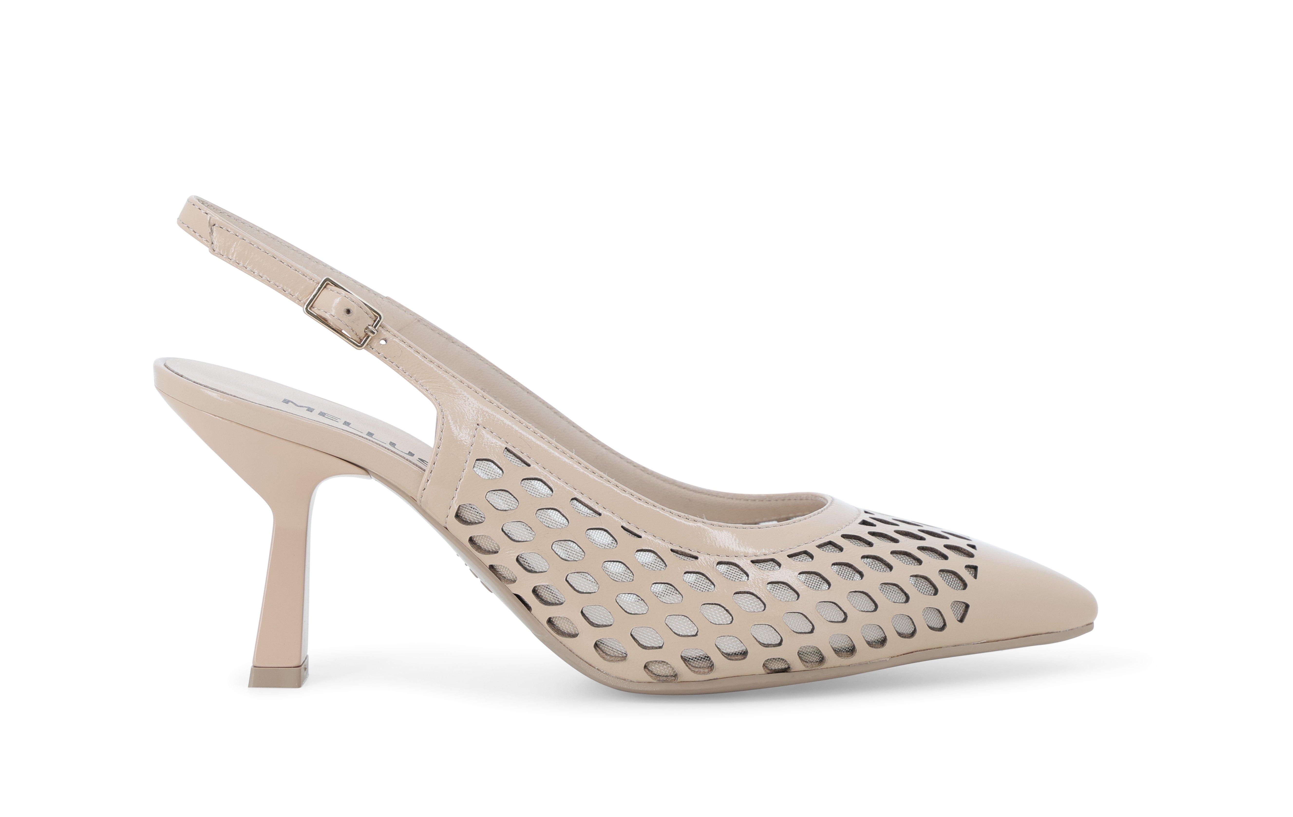 Slingback traforata in pelle e nylon con tacco a rocchetto beige e1857 38