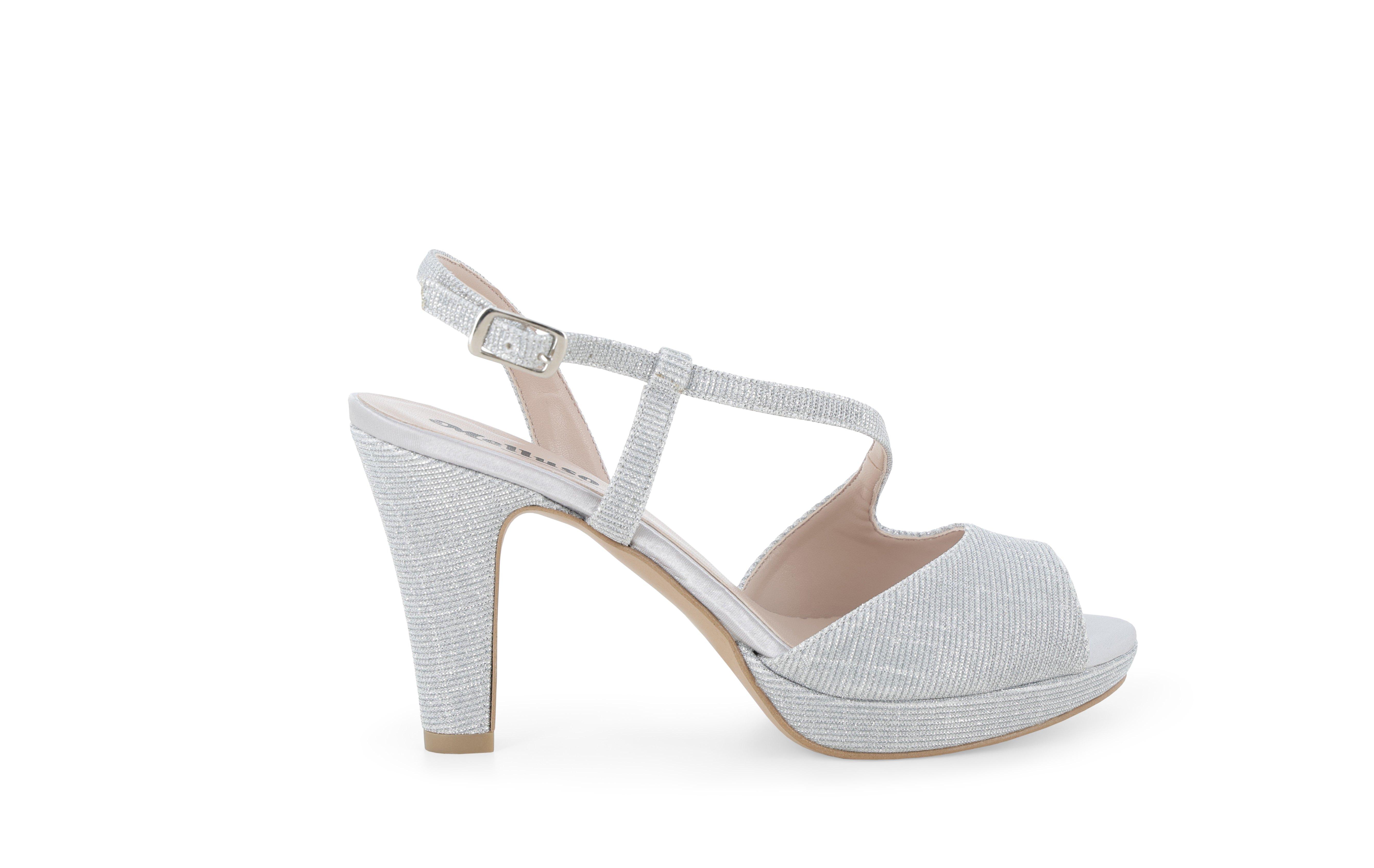Sandalo donna elegante cerimonia in tessuto argento j594q