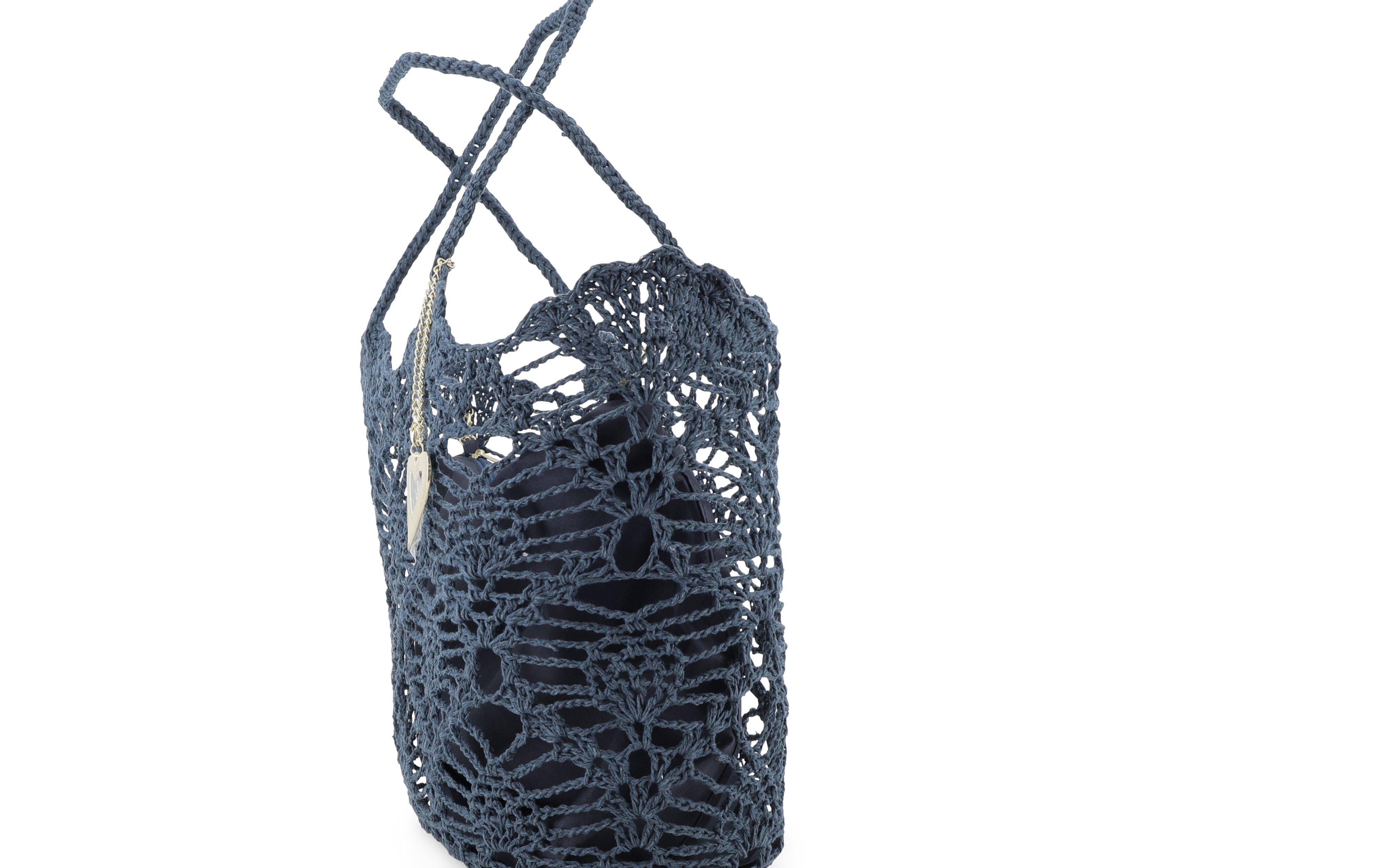 Borsa in tessuto uncinetto con tasca interna con zip blu 50