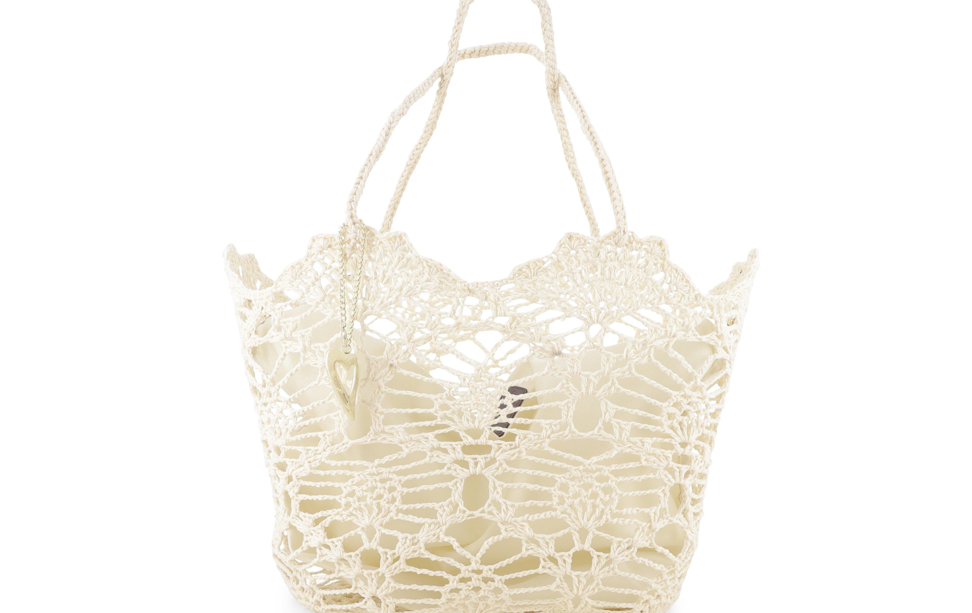 Borsa in tessuto uncinetto con tasca interna con zip colore beige naturale 50