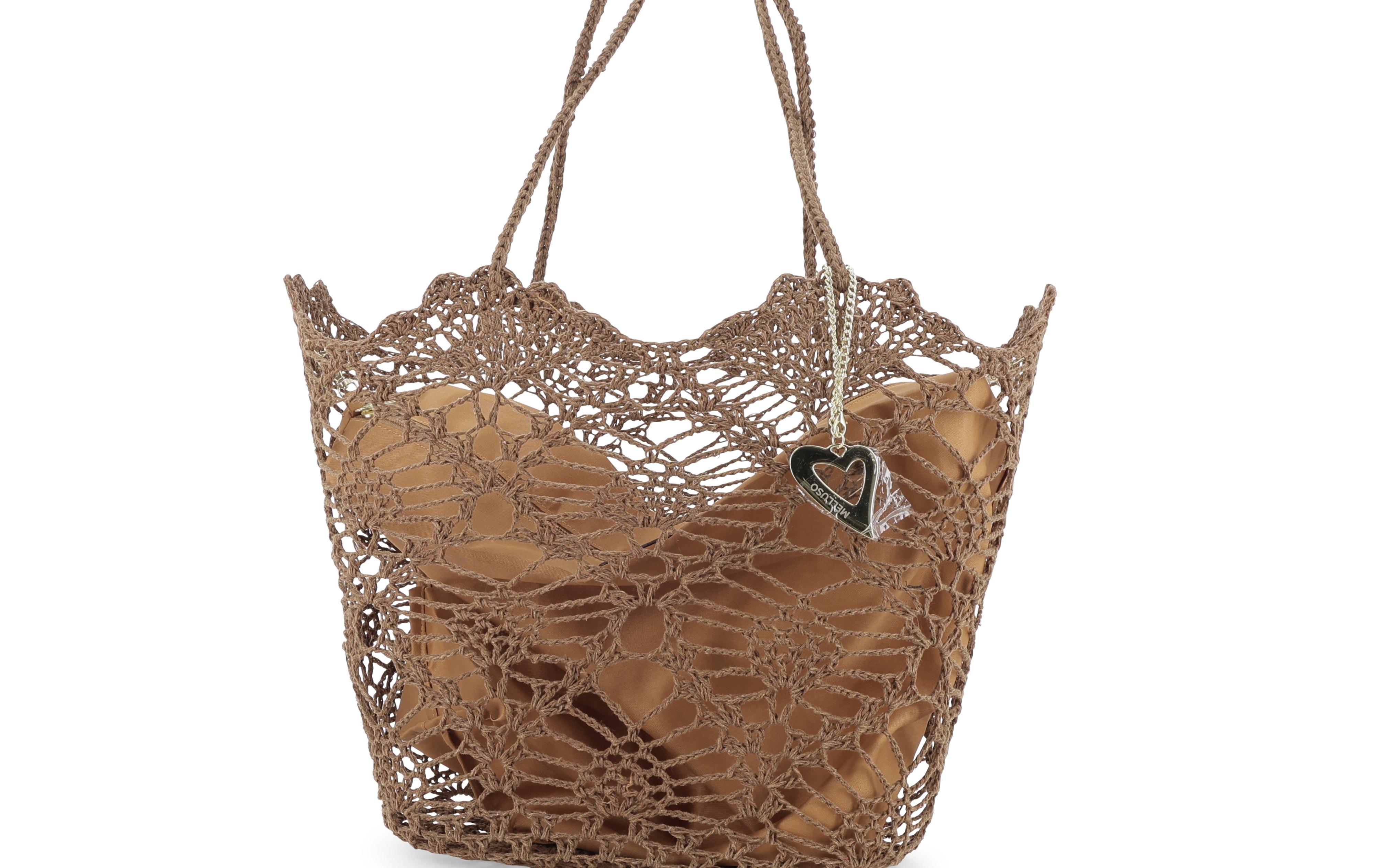 Borsa in tessuto uncinetto con tasca interna con zip colore marrone 50