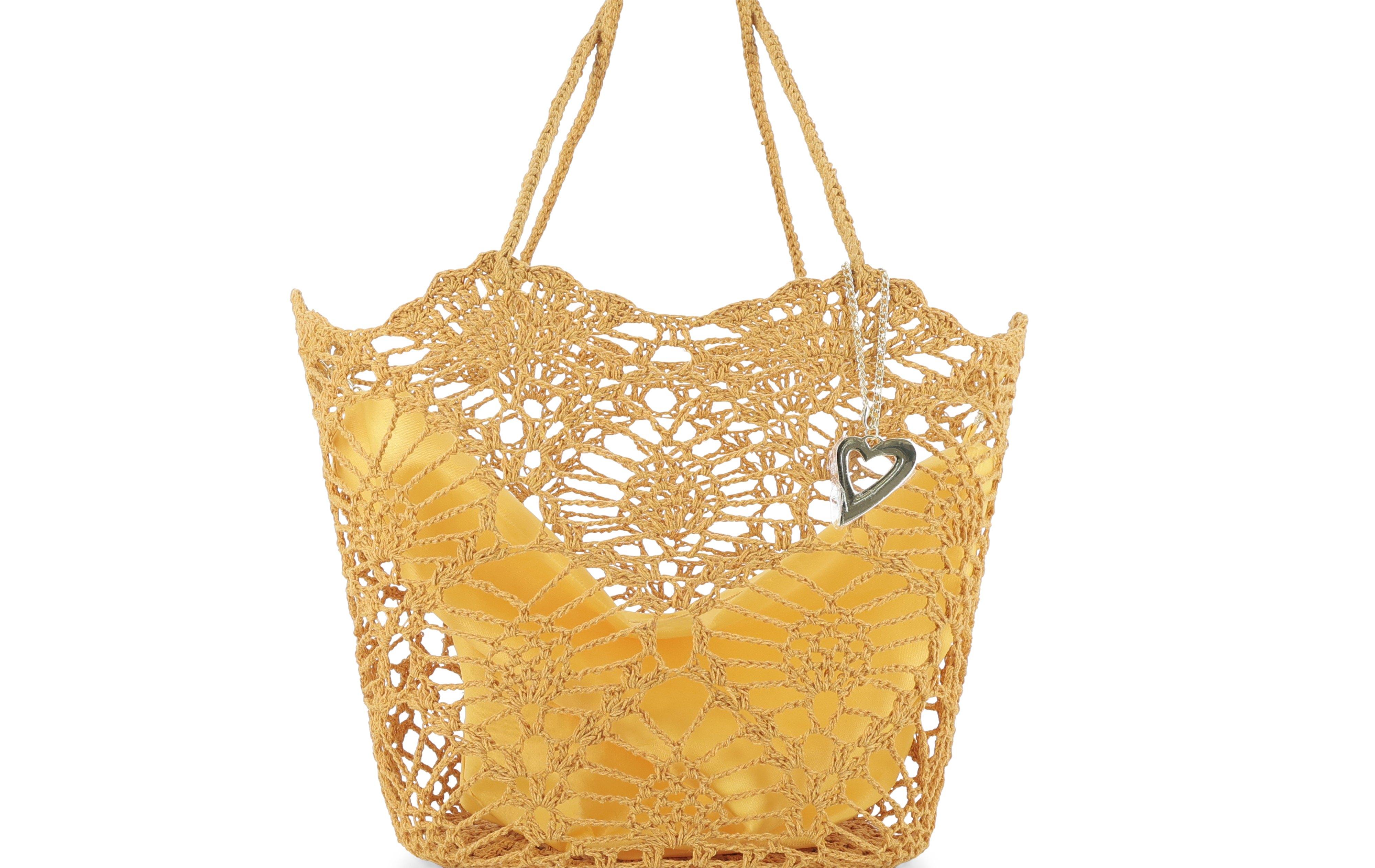 Borsa in tessuto uncinetto con tasca interna con zip colore senape 50