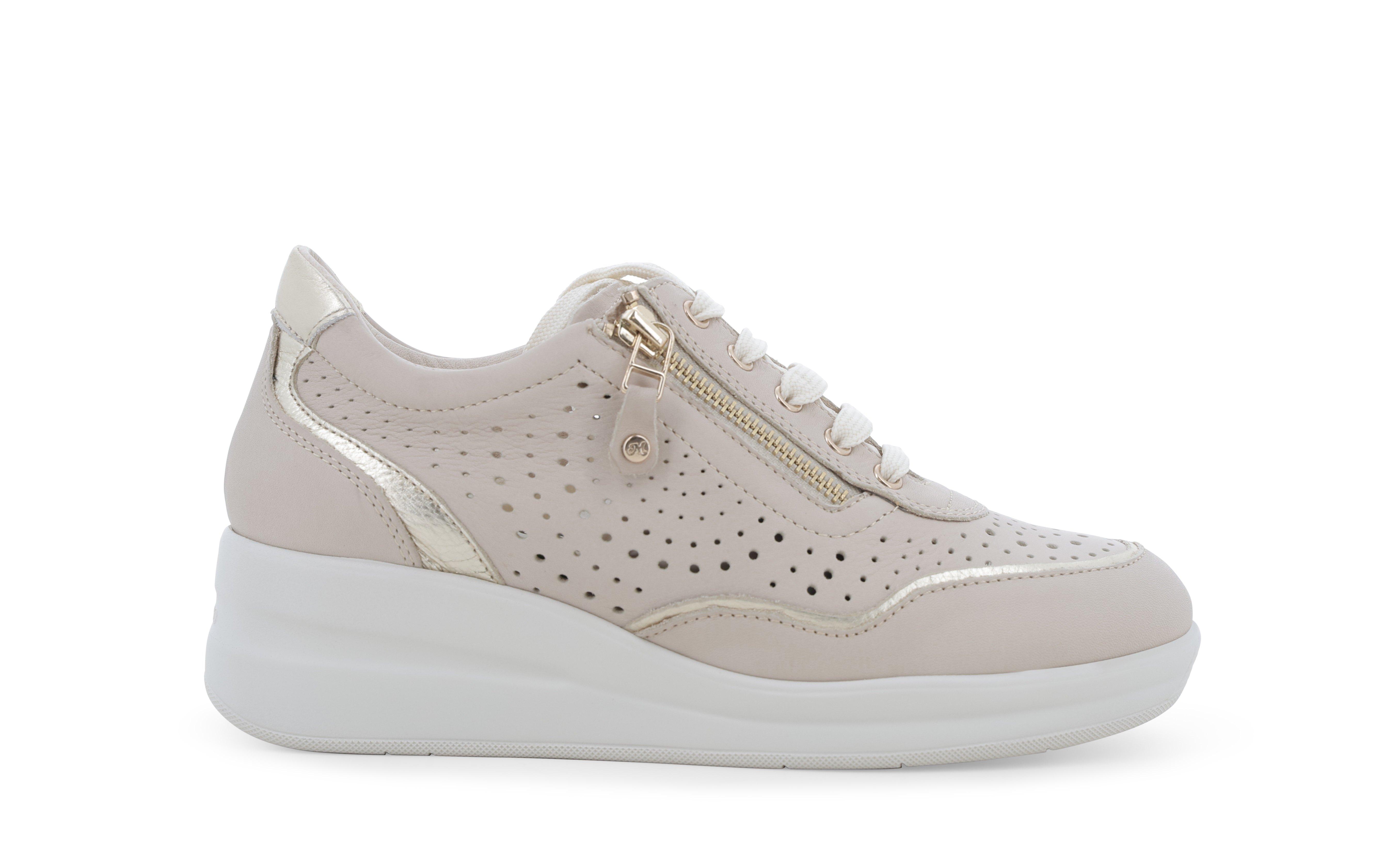 Sneaker beige in pelle traforata con zip e profili metallizzati r20258q 36