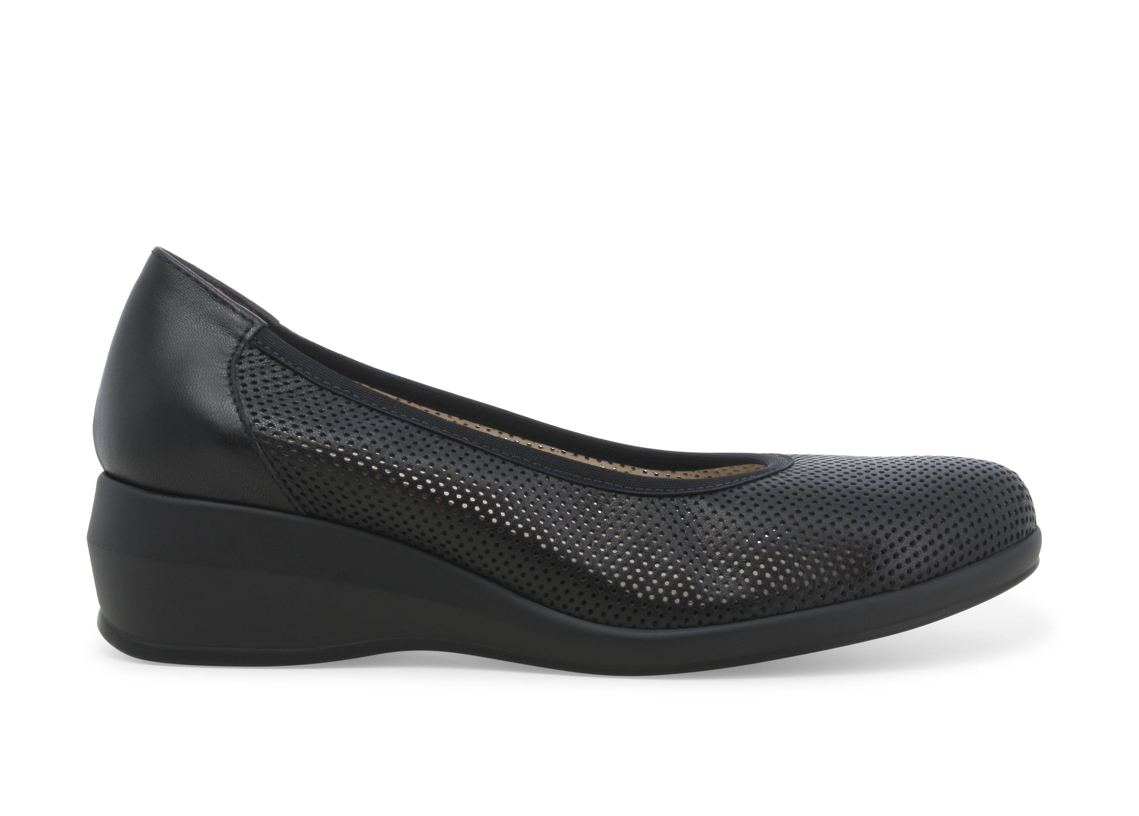 Décolleté zeppa comfort in pelle nera traforata r30611q 38.5