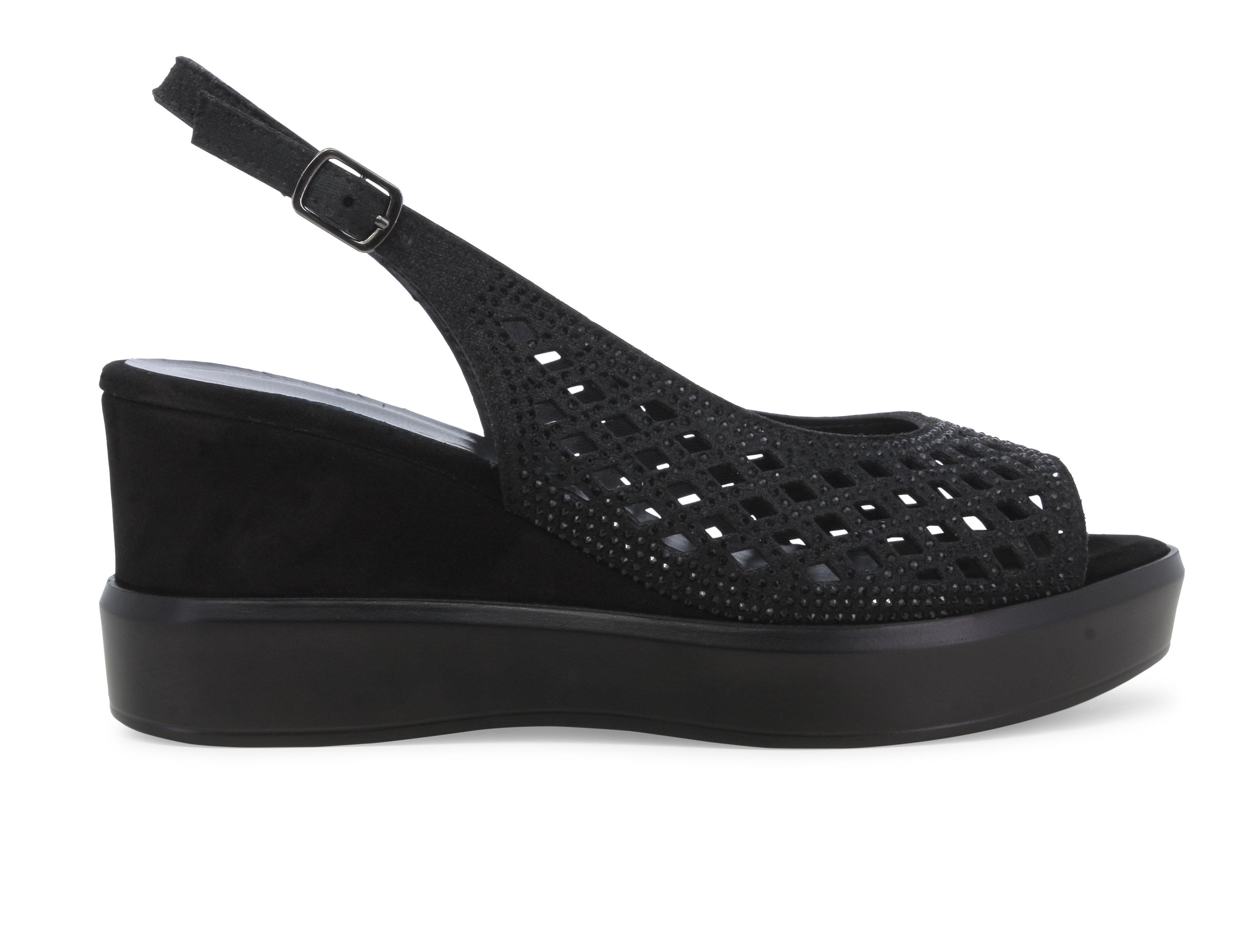 Sandalo zeppa nero con strass e lavorazione traforata r80555q 41