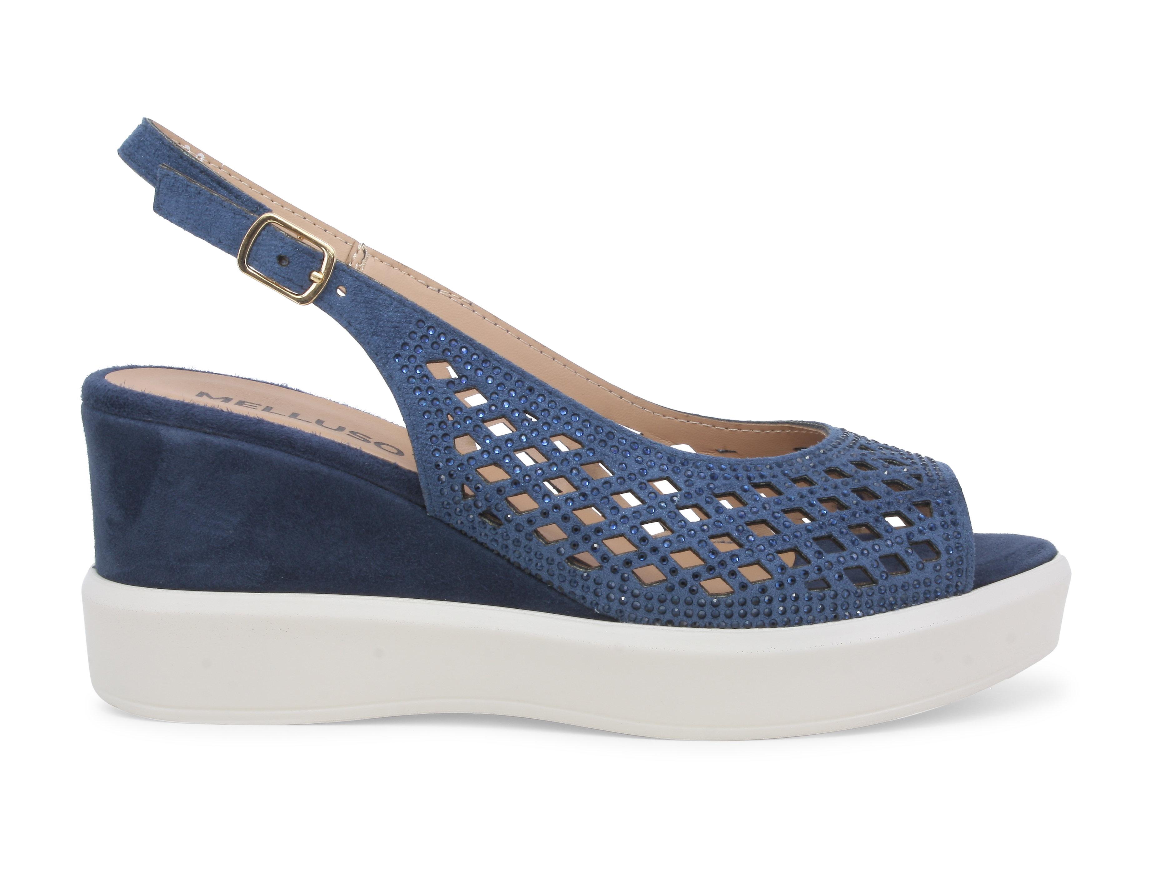 Sandalo zeppa blu con strass e lavorazione traforata r80555q 35