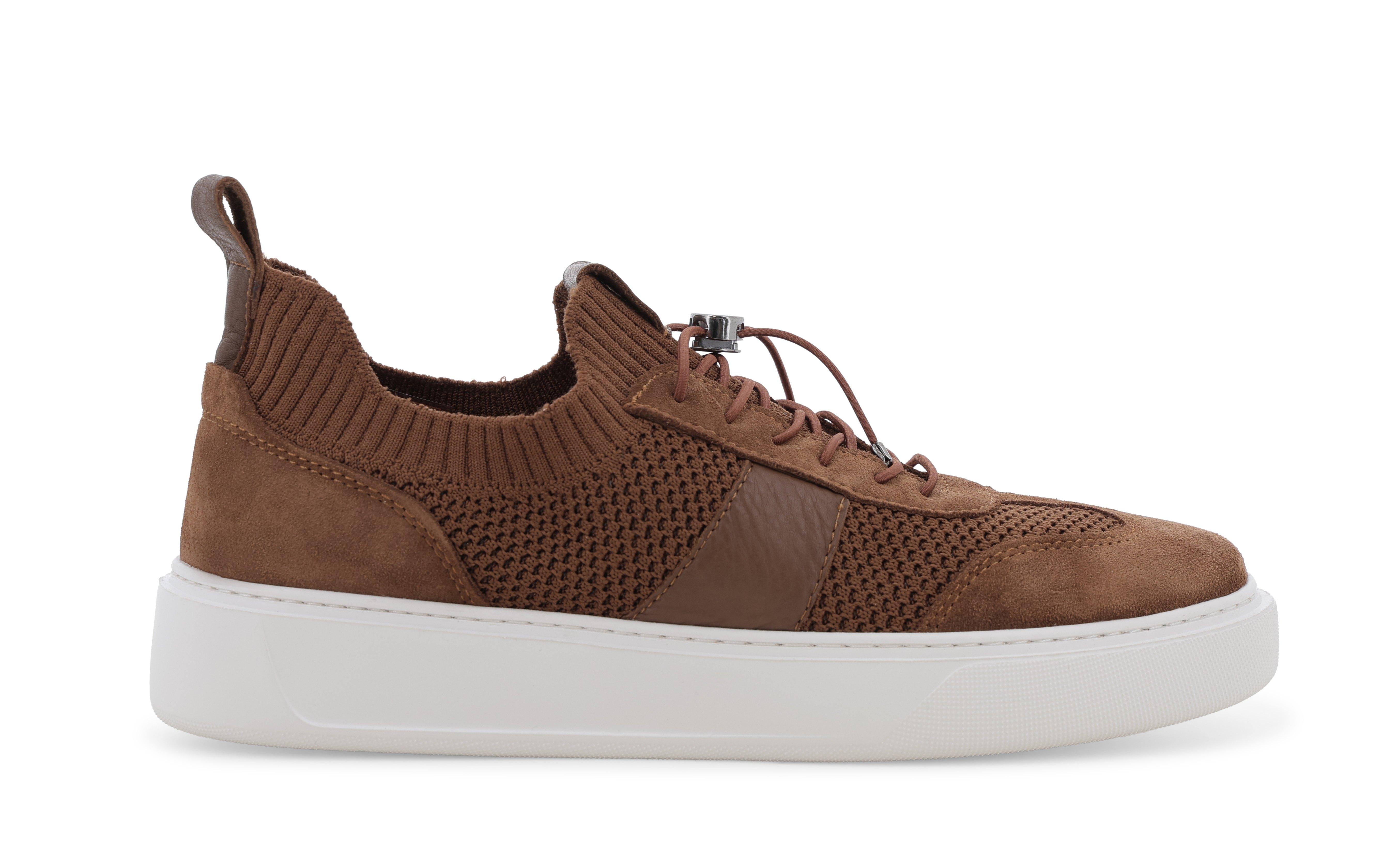 Sneaker uomo in tessuto knit marrone con lacci elastici u56176 44