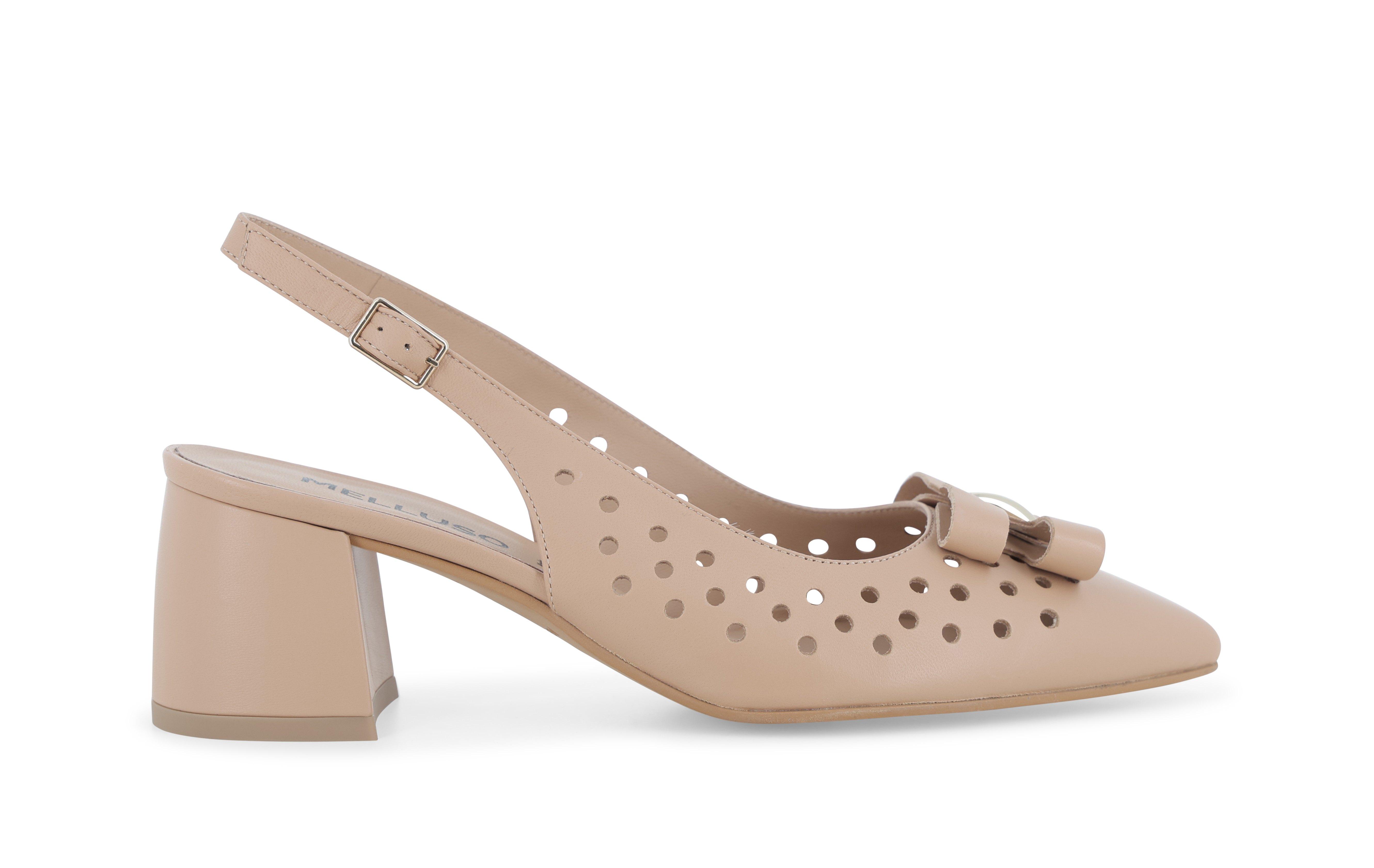 Slingback in pelle beige traforata con fiocco v314