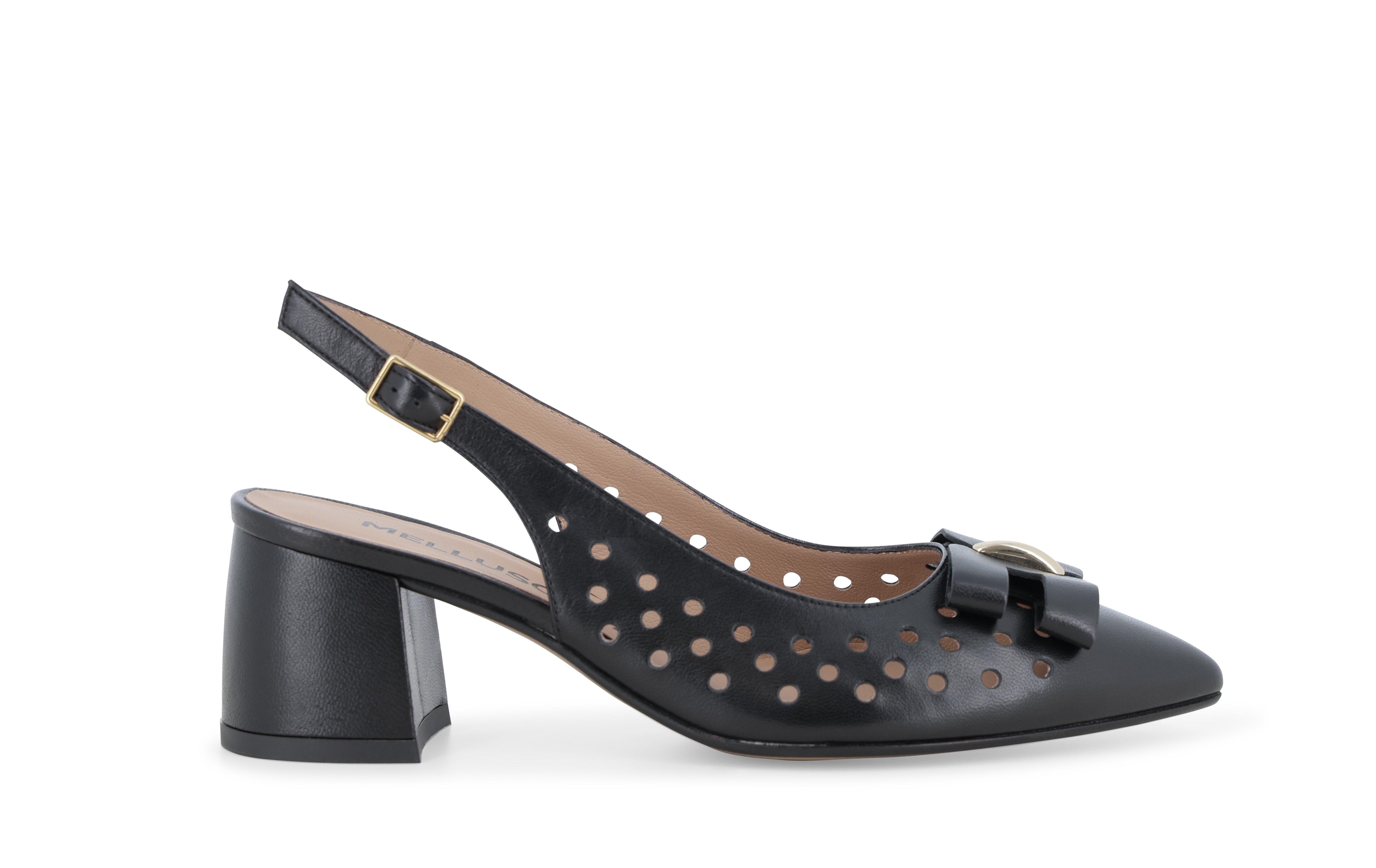 Slingback elegante in pelle nera traforata con fiocco v314 42