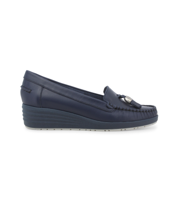 Mocassino con zeppa comodo in pelle blu traforata 01027q