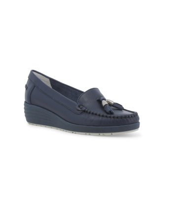 Mocassino con zeppa comodo in pelle blu traforata 01027q