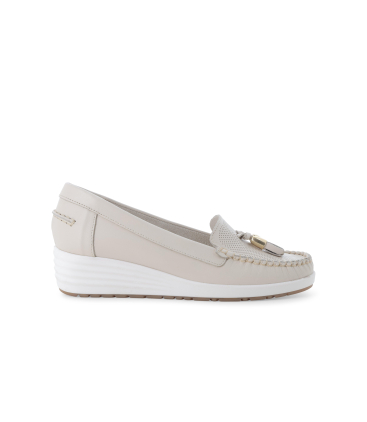 Mocassino con zeppa comodo in pelle beige vaniglia 01027q
