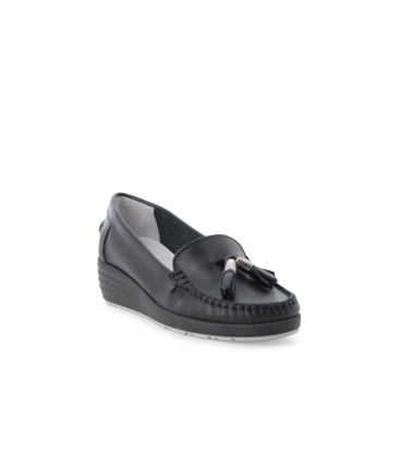 Mocassino con zeppa comodo in pelle nero 01027q