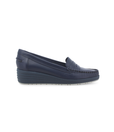 Mocassino comodo classico con zeppa in pelle blu 01028q