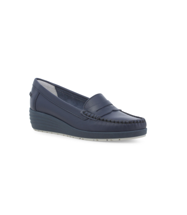 Mocassino comodo classico con zeppa in pelle blu 01028q