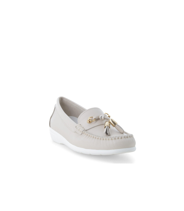 Mocassino basso comodo con nappe in pelle vaniglia 01087q