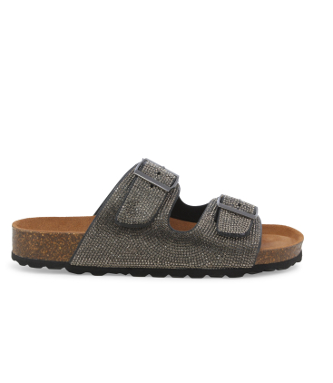 Sandalo slide a doppia fascia con strass 018146q glamour gunmetal su base in sughero