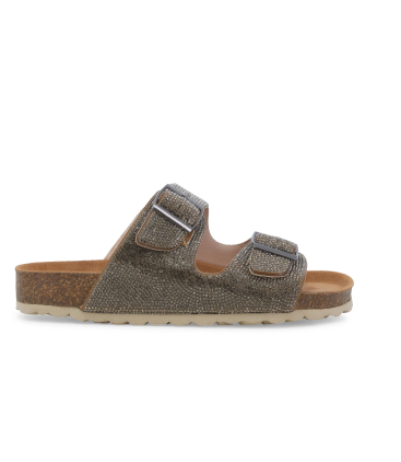 Sandalo slide a doppia fascia con strass 018146q glamour bronzo su base in sughero