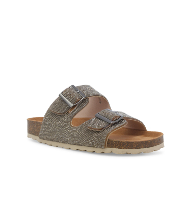 Sandalo slide a doppia fascia con strass 018146q glamour bronzo su base in sughero