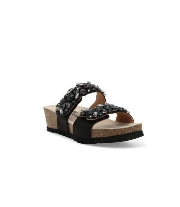 Sandalo slide con pietre gioiello 018147q zeppa in sughero e decorazioni nero