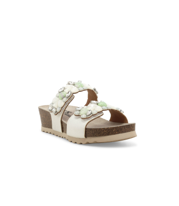 Sandalo slide con pietre gioiello 018147q zeppa in sughero e decorazioni bianco