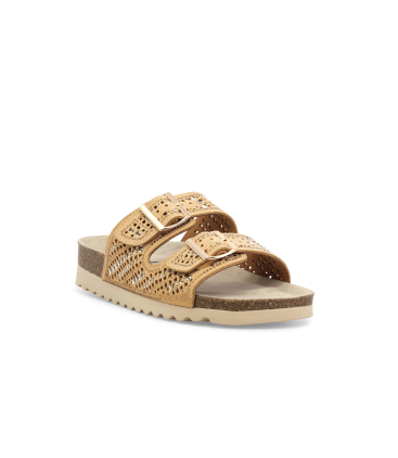 Sandalo slide con zeppa in sughero a doppia fibbia decorata 018161q