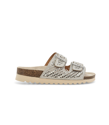 Sandalo slide con zeppa in sughero grigio chiaro a doppia fibbia decorata 018161q