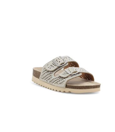 Sandalo slide con zeppa in sughero grigio chiaro a doppia fibbia decorata 018161q