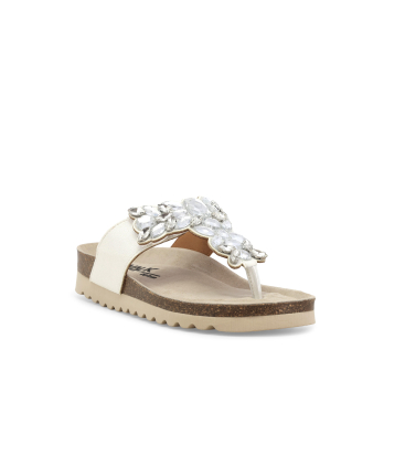 Sandalo slide infradito bianco con zeppa in sughero e decorazioni brillanti 018162q