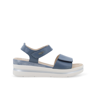 Sandalo sportivo in pelle blu jeans con zeppa 019185q