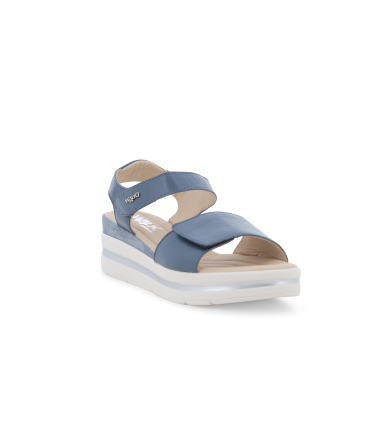 Sandalo sportivo in pelle blu jeans con zeppa 019185q