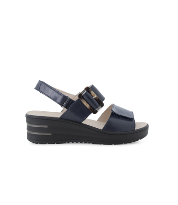 Sandalo in pelle blu navy con zeppa e maxi fibbia 019227q