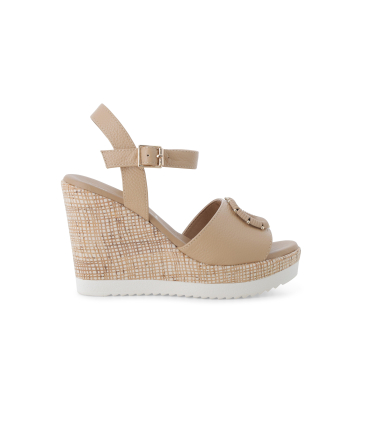 Sandalo con zeppa alta in pelle beige con fibbia 031000