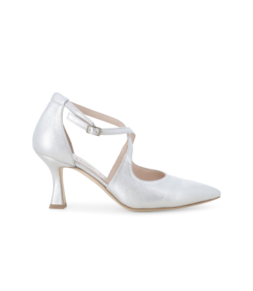 Décolleté asimmetrica in pelle argento con cinturini incrociati e1631q