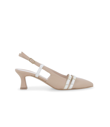 Slingback a punta beige con doppi cinturini bianchi e1690q