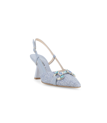 Slingback gioiello in tessuto tweed azzurro polvere e1851q