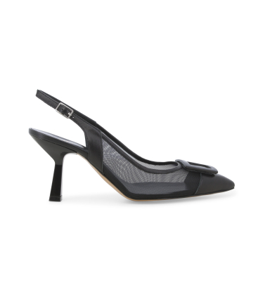 Slingback elegante nera in rete mesh e pelle con fibbia e1852q