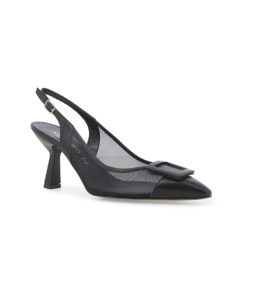 Slingback elegante nera in rete mesh e pelle con fibbia e1852q