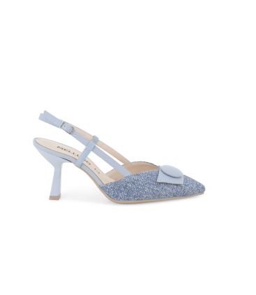Slingback in tessuto rafia e pelle azzurro xeno con tacco a rocchetto e1854