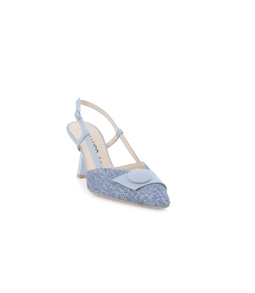 Slingback in tessuto rafia e pelle azzurro xeno con tacco a rocchetto e1854